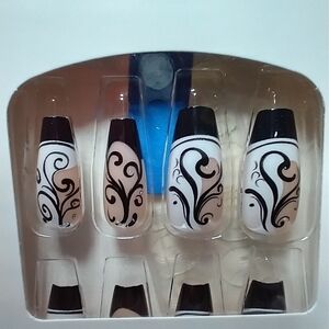 Press on nails black swirl white nude set